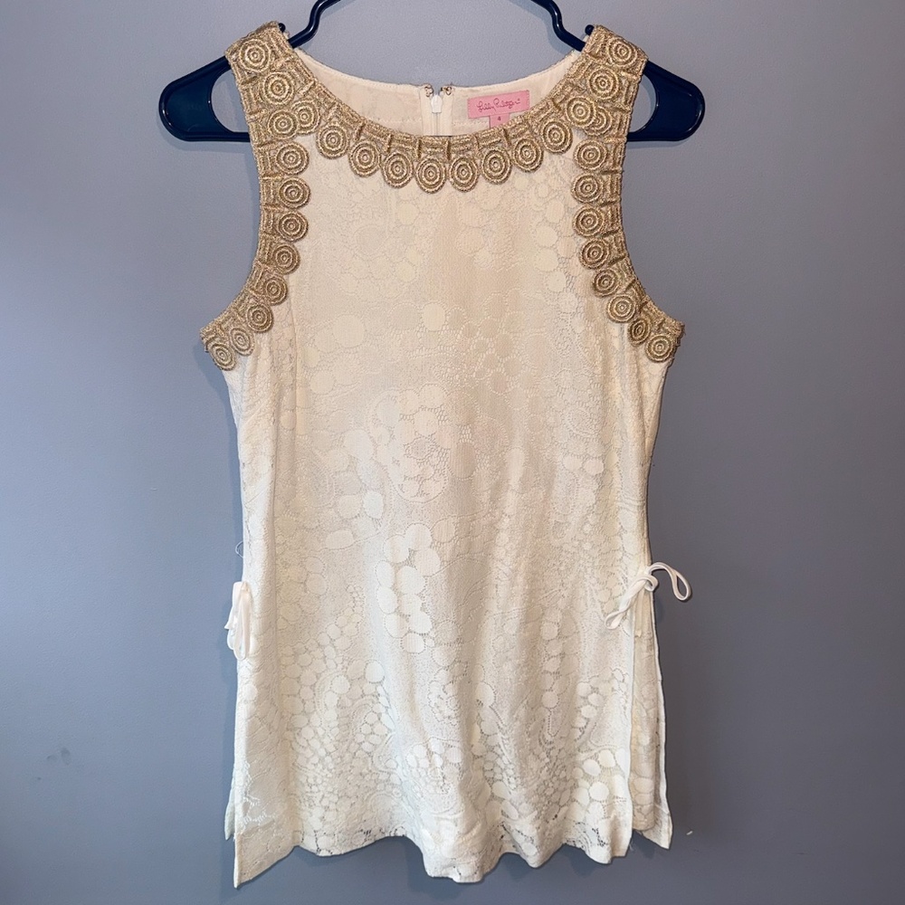 Lilly Pulitzer Sleeveless Lace Shift Dress Romper with Gold Embroidered Trim l 4